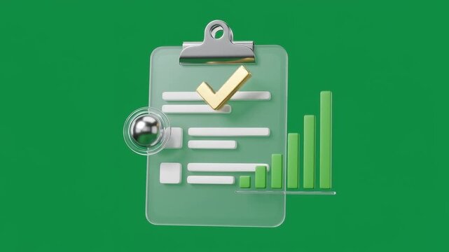 3D Clipboard Icon with Checkmark and Financial Bar Chart for Business Presentation