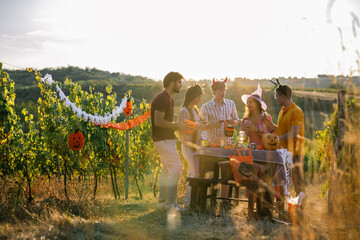 Obraz premium Distant shot of young friends enjoying an outdoor Halloween wine party in a sprawling vineyard at sunset.