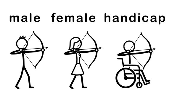 male female handicap holding archery bow arrow drawn sport toilet sign signage lavatory water closet monochrome symbol icon white background