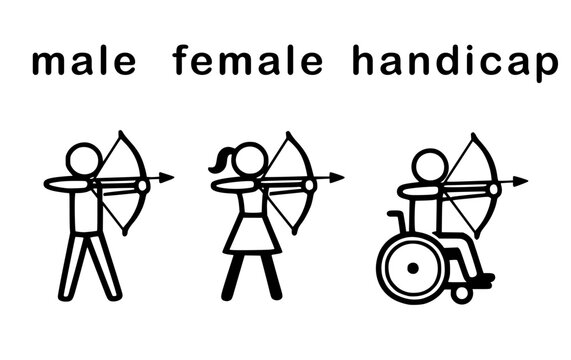 male female handicap holding archery bow arrow drawn sport toilet sign signage lavatory water closet monochrome symbol icon white background