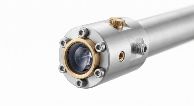 Precision seed drill optical sensor tip, raw aluminum shaft with sapphire glass lens aperture. Automated farming hardware macro, precision agriculture component isolated on white background.
