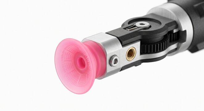 Robotic strawberry harvesting gripper jaw, ultra-soft pink silicone elastomer cup for non-destructive delicate fruit handling. Macro agricultural automation hardware isolated on white.