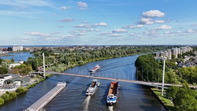 Aerial view of the Nesciobrug over the Amsterdam-Rhine Canal in Amsterdam
