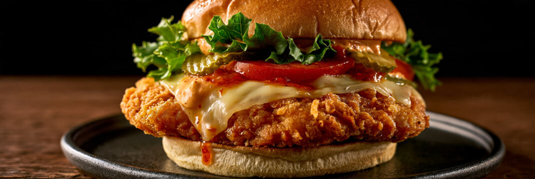 Knuspriges H&auml;hnchen-Burger-Br&ouml;tchen mit Salat, Tomate und K&auml;se