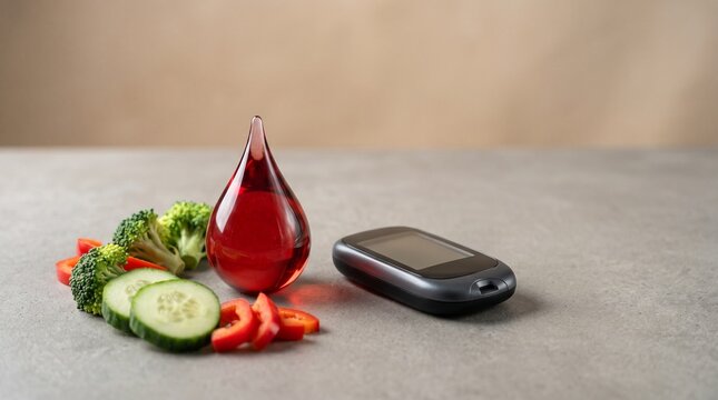 Blood glucose meter with red glass blood drop and fresh sliced vegetables on grey table for diabetes diet concept