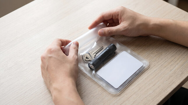 Hands sealing waterproof pouch containing keys flashlight and blank id card for emergency preparedness kit on wooden table closeup
