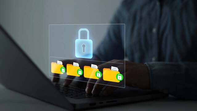 Secure folder protecting confidential documents and digital files. Data security, privacy and controlled access concept for business information.	
