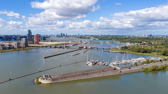 Aerial view of the Zeeburgertunnel with Amsterdam skyline in the Netherlands