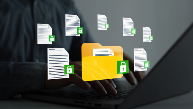 Secure folder protecting confidential documents and digital files. Data security, privacy and controlled access concept for business information.	
