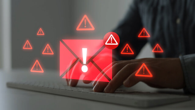 Spam email warning with fraud prevention and hacker protection. Security technology detects dangerous messages and reduces risk of data theft.	
