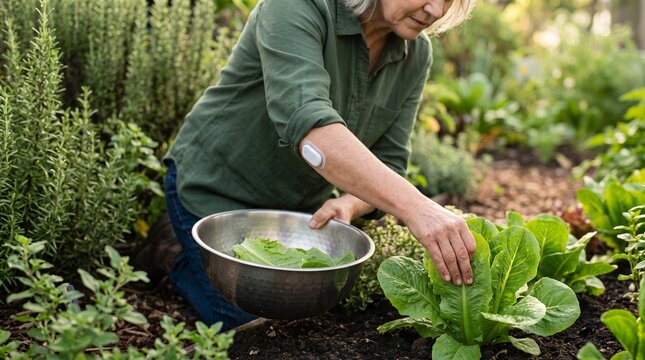 Senior woman wearing a continuous glucose monitor sensor on her arm while harvesting fresh green lettuce in an organic vegetable garden for a healthy lifestyle