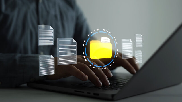 Document management system(DMS) with file folders and archive storage. Digital organization helps manage records, data and business information.	
