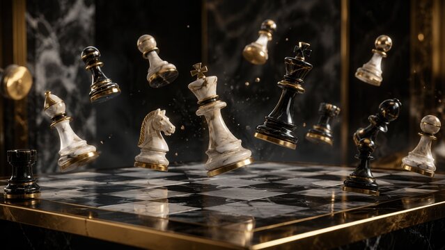 Luxury black and white marble chess pieces floating above elegant chessboard in dramatic strategy concept