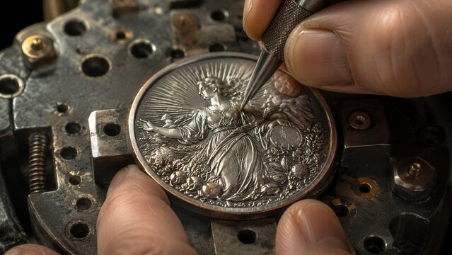 Master engraver creating detailed design on collectible silver coin with precision hand engraving craftsmanship