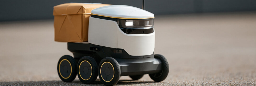 Autonomer Lieferroboter mit Paket auf R&auml;dern auf grauem Asphalt