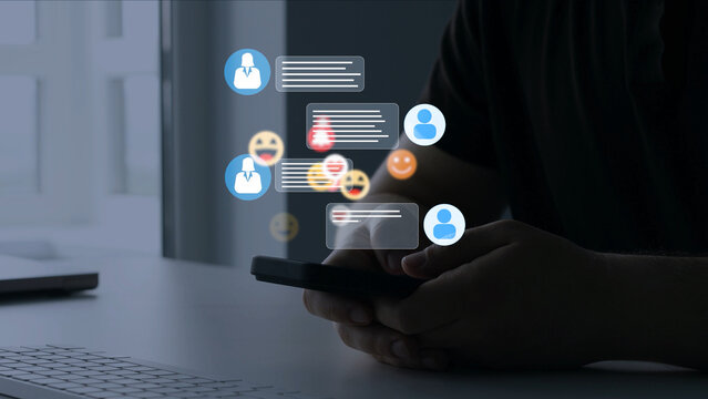 Online chat communication concept with text messages, emoji reactions, likes and comments. Social interaction between users through instant messaging, engagement and digital conversation on mobile	
