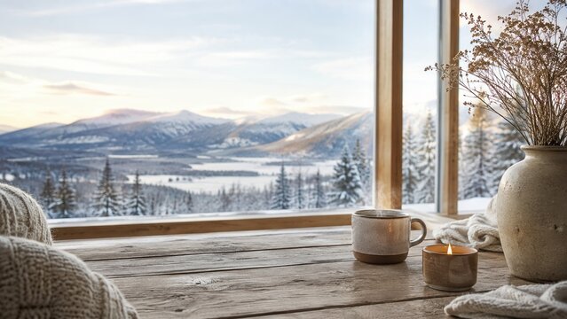 Peaceful winter mountain view from a cabin window with hot drink and candle on a rustic wooden table