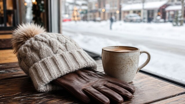 Cozy winter cafe scene with knit hat, leather gloves and hot coffee beside a snowy city window