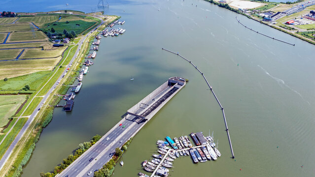 Aerial view of Zeeburgertunnel beneath the Buiten-IJ in Amsterdam