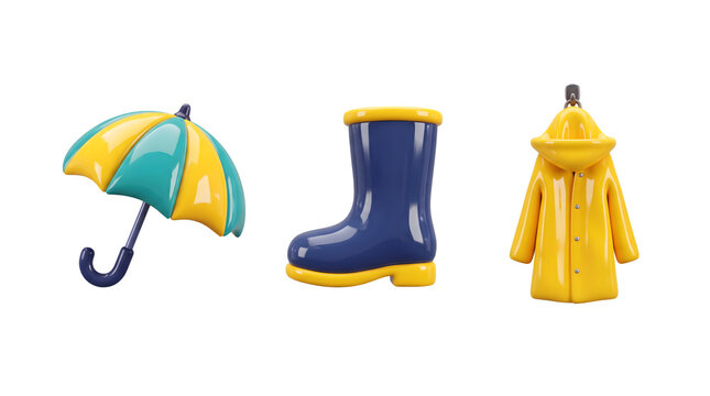 3d icons of rainy weather accessories including an umbrella, a rubber boot, and a yellow raincoat isolated on transparent background