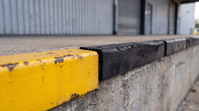 Loading dock featuring worn yellow and black bumpers on concrete for industrial logistics and distribution