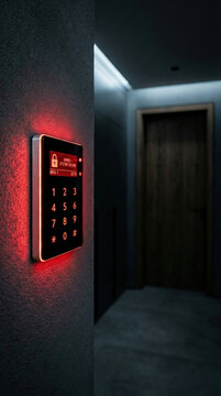 Modern electronic keypad showing armed security system status mounted on wall. Technology for home protection and theft prevention. Digital device against robbery and illegal break-in attempt.