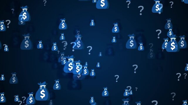Dark background with scattered money bags and question marks, showing confusion risk and uncertain finance concept animation