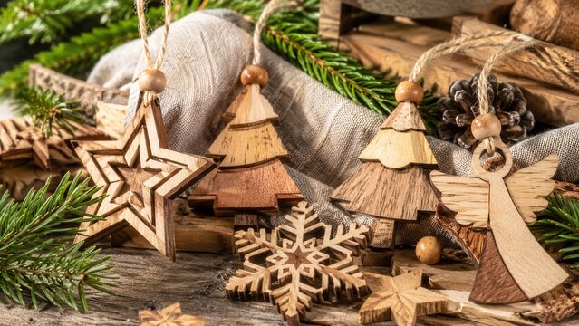 Handmade wooden Christmas ornaments with stars trees angel and snowflake among fresh fir branches