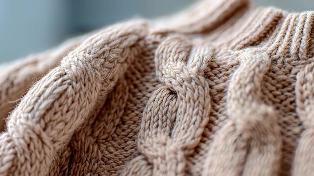 Closeup of a cozy beige knitted sweater with intricate cable patterns, showcasing soft textured wool fabric. Warm neutral tones highlight the detailed craftsmanship and inviting comfort