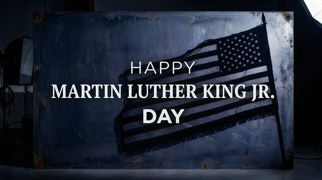 Happy martin luther king jr day text with a waving american flag in the dark background