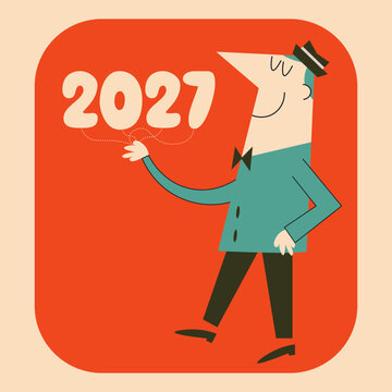 2027 New Year Mid-Century Cartoon Mascot &ndash; Vintage Retro Character Presenting New Year