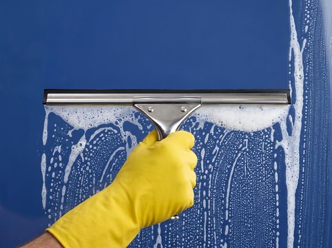 Window Cleaning with Squeegee and Yellow Rubber Gloves: Removing Soap Suds from Blue Glass Surface for Streak-Free Shine and Sparkling Home Hygiene