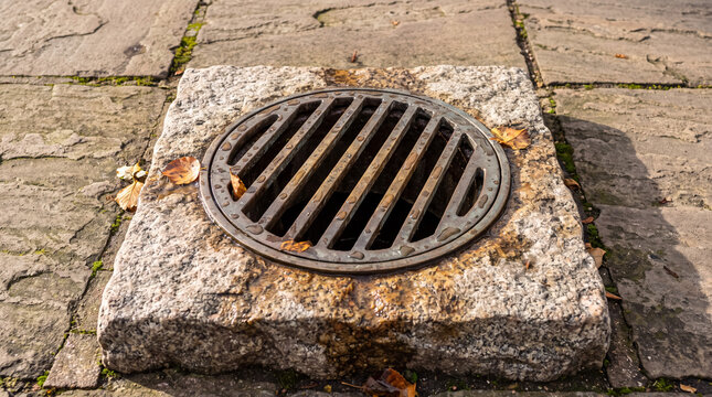 Urban storm drain grate managing water on stone pavement, showing infrastructure for water runoff
