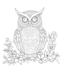 Fototapeta premium Zen art anti stress coloring page with owl, cute animals and flowers, vintage vector illustration