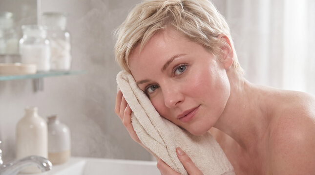 Woman drying her face with a towel after washing, steam rising in bathroom, feeling clean and refreshed
