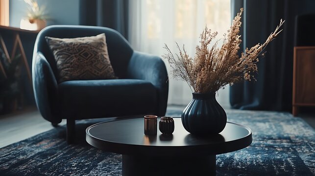 Interior Velvet Armchair, Decorative Pillow, Vase with Dried Flowers, Modern Home D&Atilde;&copy;cor
