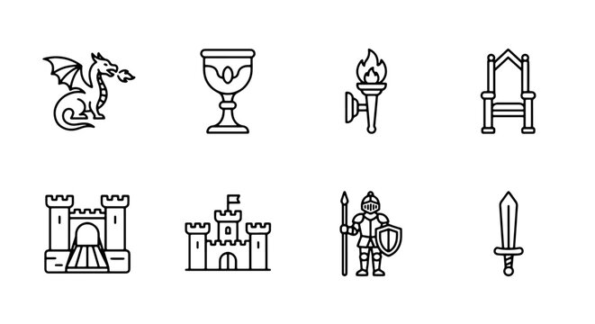 Fantasy Icons Set: Dragon, Goblet, Torch, Throne, Castle, Knight, Sword, Vector Graphics