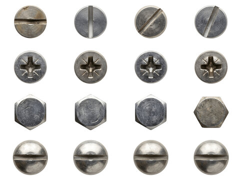 Various types of screw heads and bolts isolated on transparent background