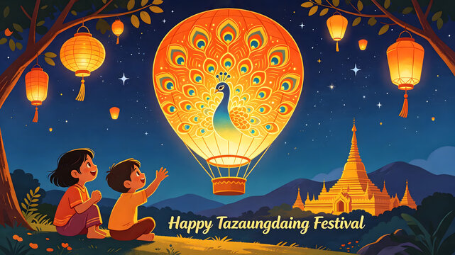 Happy Tazaungdaing Festival Night Illustration with Burmese Kids Watching Peacock Hot Air Balloon and Golden Pagoda   