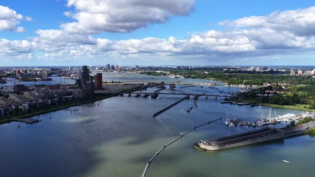 Aerial view of the Zeeburgertunnel with the city of Amsterdam, the Netherlands