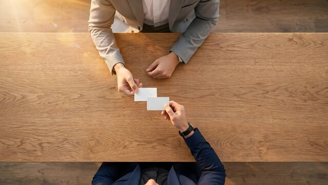 Overhead view of two people exchanging business card on wooden table