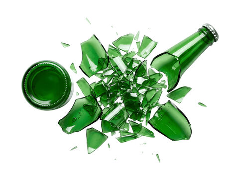 Broken green glass beer bottle isolated on transparent background