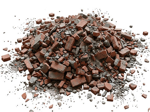 A pile of red bricks and rubble isolated on transparent background