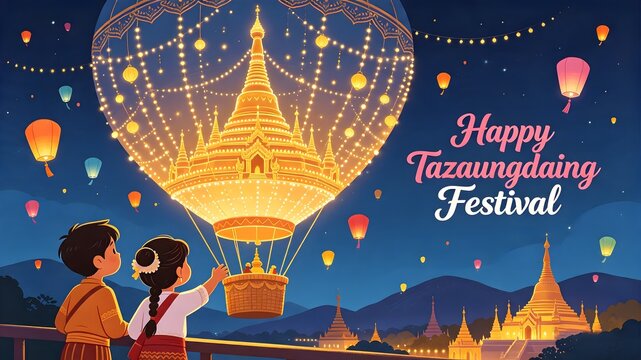 Happy Tazaungdaing Festival Night Illustration with Burmese Kids, Illuminated Pagoda Hot Air Balloon, and Sky Lanterns   