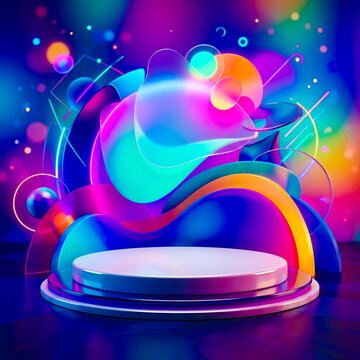 Vibrant abstract presentation stage with colorful lights and flowing shapes for product display