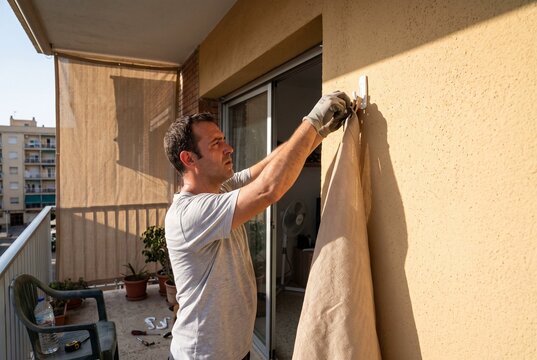 Man hanging curtain on balcony in modern apartment  