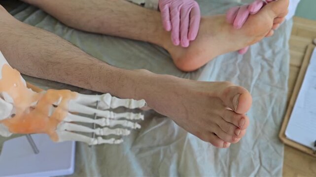 Examination of foot and ankle with anatomical model and physical assessment