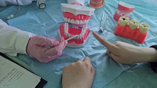 Discussion about dental anatomy and oral health using a model