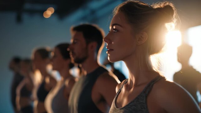 Focused young woman in sportswear stands in a row with a group during a fitness class at sunrise, sunlight streaming through the window. Determined expressions reflect motivation and healthy lifestyle