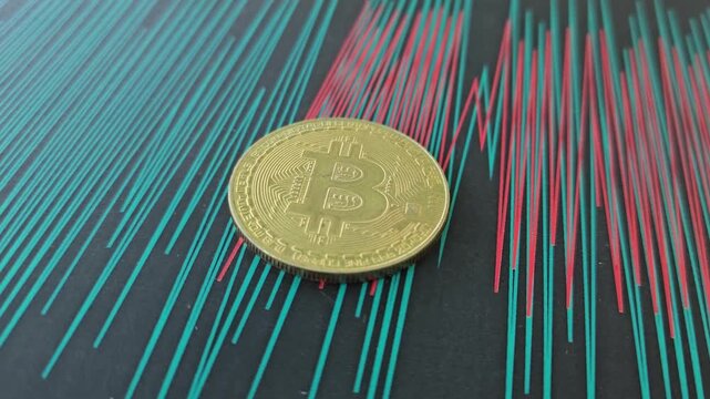 Bitcoin coin placed on a surface with colorful lines in a pattern